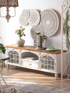 French style Retro TV Cabinet Solid Wood Floor White Bedroom Cabinet Nordic Living Room Combination TV Cabinet Small Apartment