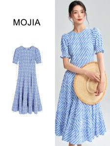 Mo | Summer 2025 Womens Checkered Midi Dress Slim Fit Short Sleeve High Waist Design Sensation City Commute Casual Daily A-Line Skirt