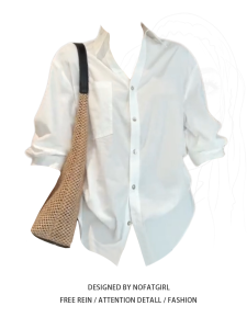 plus Size Bubble Sleeve White Shirt Womens Summer Slimming Top High Waist Flared Sleeve Casual Style Fashionable Korean Design