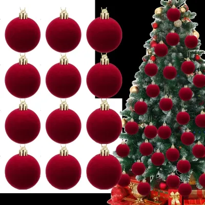 Velvet Christmas Ball Ornaments Red Xmas Ball Decoration Christmas Tree Hanging Flocked Ball Pendant for New Year Party Ornament