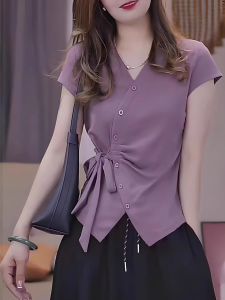 plus Size Womens Shirt V-Neck Unique Slimming Top Korean Style Commute Fashion Summer New Arrival Lightweight Luxury Feeling