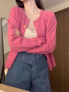 Niche Style Idle Style Rose Red Knitting Cardigan Female Fall and Winter Gentle Atmosphere Soft Glutinous Sweater Outwear Beautiful Tops