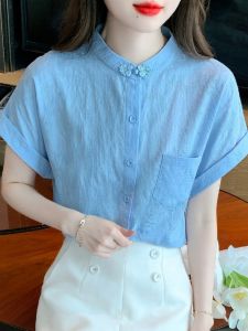 Summer New Womens Pure Cotton Short Sleeve Shirt Pink Button Chinese Style Fashionable Top Korean Version Stand Collar Embroidery