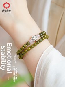 QINGXIANGTAI | Natural Green Sandalwood Women Chinese Style Two-layer Bracelet with Silver Lotus