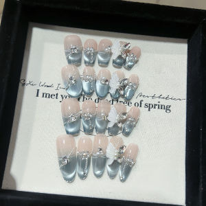 Handmade Grey Blue Butterfly French Cat Eye Nail Art Wearing False Nails Three Dimensional Butterfly Elegant Cool Finish
