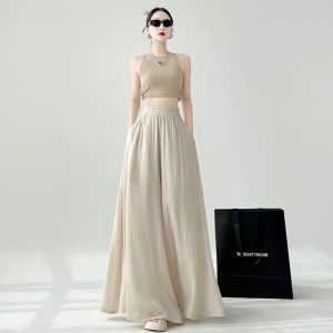 High Waist Ice Silk Cool Feeling Pleated Wide Leg Pants Skirt High Waist Long A-Line Lazy Hip Covering Slimming Wide Leg Pants