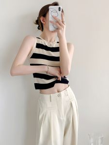 Summer Knitted Ice Silk Womens Top Slim Fit Short Sleeveless round Neck Striped Vest Versatile Elegant Slimming Design Commute