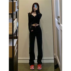 กางเกงยีนส์ทรงตรงเอวสูงสไตล์ย้อนยุคสไตล์อเมริกันสำหรับผู้หญิงไซส์เล็ก ฤดูใบไม้ร่วง/ฤดูหนาว กางเกงขายาวทรงหลวม