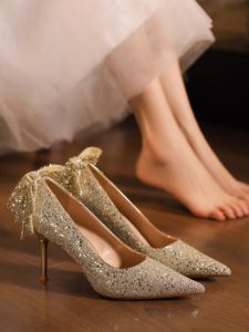 เรียบหรู รองเท้าส้นสูงปมผีเสื้อคริสตัลสีเงิน ผู้หญิง ส้นบางสไตล์นางฟ้าแม่บ้านเกียรติยศทองรองเท้าแต่งงานฝรั่งเศสสวมใส่สองทาง