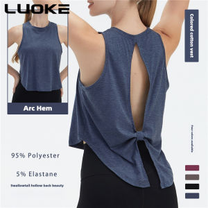 Luoke Womens colorful cotton vest yoga suit hollowed out tailcoat sports cover loose and comfortable outdoor running top