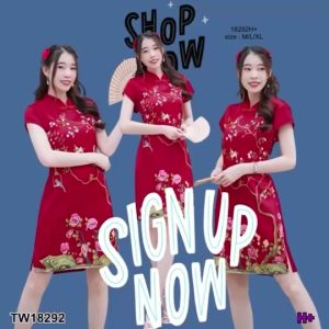 TW18292 เดรสกี่เพ้าแขนล้ำลายดอกกุหลาบ