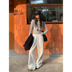 กางเกงวอร์มขาตรงหนาสำหรับผู้หญิงในฤดูใบไม้ร่วงและฤดูหนาว กางเกงขายาวทรงหลวมสบาย ๆ บุขนแกะสีเหลือง กางเกงขายาวทรงหลวมสำหรับออกกำลังกาย