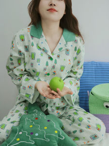 Fishhome Original Pure Cotton Fleece Green Plaid Long Sleeve Long Pants Home Clothes Pyjamas Youth Casual Autumn Winter