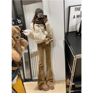Extended Size 175 Womens Low Waist Flared Pants Casual Corduroy Autumn New Style Brown Color American Caramel Trousers