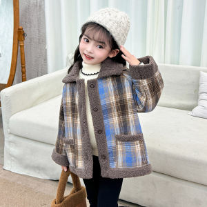 Girls Lamb Fur Plaid Coats Winter Kids Thick Plus Velvet Warm Jackets Padded Sheepskin Outerwear Snowsuits Children Clothing