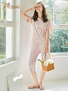 Pure Cotton Short Sleeve Sleepwear Womens Loose Fit Floral Print Five-Quarter Pants Home Clothes Thin Summer plus Size