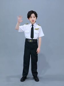 Manila Captain Uniform For Kids Pilot Costume for Kids Captain Costume Flight Attendant For Kids Boy Girl Career Costume Pilot Cosplay Uniform 1Set Career Guidance Costume For Kids School Evening Performance