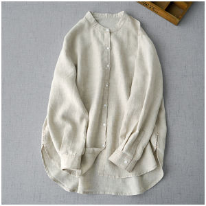 High-End Linen Stand Collar Shirt Womens Autumn Medium Length Artistic Solid Color Simple Loose Long Sleeve Open Cardigan Cotton Linen Top