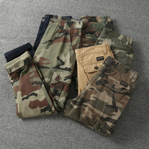 Classic Mens Camouflage Straight Leg Cotton Workwear Pants Multiple Pockets Comfortable Breathable Long Casual Trousers