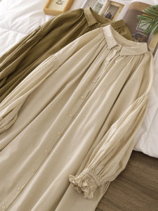 หลวม Fit เดรสเชิ้ต แขนเสื้อทรงโคมไฟ Small ปกเสื้อ Midi เดรส For Women ผ้าฝ้าย Blend Early ฤดูใบไม้ผลิ New Style ทันสมัย Clothing