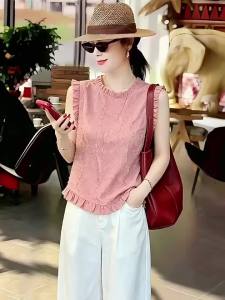 XUNYI | Áo Thun Dáng Ôm Không Tay Có Gợn Biển Cổ Tròn Mùa Hè