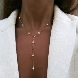 Womens Y Shaped Freshwater Pearl Necklace Stainless Steel Tassel Summer Holiday Beach Style Bead Chain Neck Accessories Jewelry