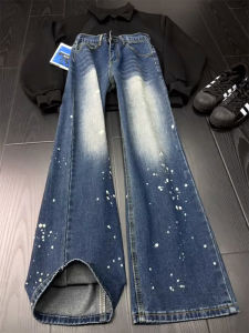 CHENMU | High Street Style Splatter Painted Faded Mens Straight Leg Flared Jeans