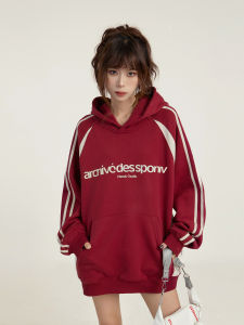 American Style Oversize Hoodie Womens Red Pullover Sweatshirt Spring Autumn Shoulder Design Casual Comfortable Long Sleeve