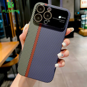 FLOVEME Carbon Fiber Pattern Large Window Phone Case For iPhone 14 13 12 Pro Max With Lens Film Protector Color Matching Anti-Fingerprints Hard PC Shockproof Back Cover For iphone 14 13 12