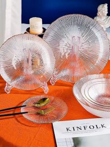 Japanese Style Gold Rimmed Glass Bowl Plate Set Salad Western Dinner Fruit Plate Home Use Colorful Glass Dining Utensils