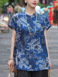 QINGNAER | Blue Floral Porcelain Mandarin Collar Buttons Short Sleeve Guofeng Summer Plus Size Women Shirt