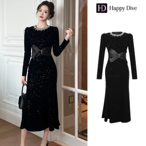 Happy Diva เดรสผู้หญิง เดรสสีดำ เดรสผ้าเลื่อม เดรสหางปลา เดรสทำงาน เดรสไฮโซ เดรสวินเทจ เดรสออกงาน เดรสปาร์ตี้ ชุดราตรี 15360