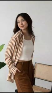 Kemeja Salur Wanita Size M Ld 94 Bahan Poly Rayon By Azka Collection