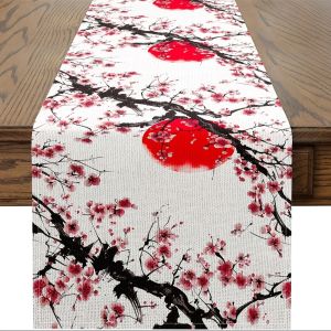 Japanese Ink Plum Blossom Red Sun Table Runner Polyester Waterproof Tablecloth Asian Zen Kitchen Dining Decor