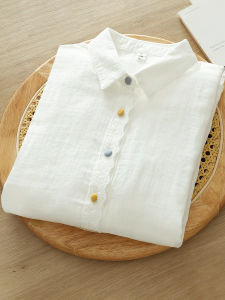 Pure Cotton Long Sleeve Womens Shirt French Style Embroidered Lace Front Beautiful Charming Base Layer Top Double Layer Cotton Thread