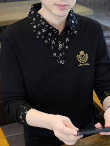 Áo Thun Polo in Họa Tiết Dài Tay Phong Cách Hàn Quốc Mùa Xuân Thu Cho Nam Áo Thun Thường Ngày in Họa Tiết Giả Hai Mảnh Cổ Polo