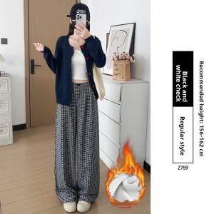 YAYANGREN | Black Plaid Pants for Women Fall Winter Loose Comfortable Petite Woolen Wide Leg Pants