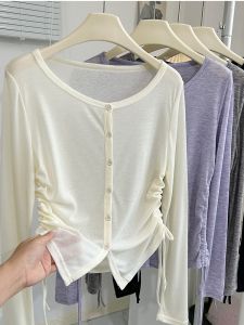 Perspective Knitted Sunscreen Cardigan Women 2024 Summer New Design Sense Waist Hugging Drawstring Slightly Transparent Cover up Thin Coat Tide