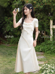 Váy Hè Nữ Dáng Ôm Cổ Vuông Tay Ngắn Màu Cam Đào Phong Cách Pháp