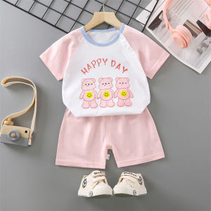 Pink Bear Cotton Summer Outfit for Girls Short Sleeve T-Shirt And Shorts Set Thin Clothing Baby Toddler Kids Ensemble