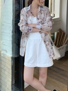 Cafe Au Lait Watercolor Traditional Chinese Style Loose Fit Lightweight Long Sleeve Womens Shirt Summer New Arrival Elegant