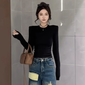 Shoulder Pad T-Shirt Womens Slim Fit Short Style Base Fashion Unique Autumn Winter Top Korean Style round Neck Long Sleeve