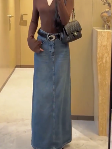 High Waist Draped Denim Skirt Fashionable Autumn 2024 New Style Versatile Simple Korean Version Commute Applicable for All Body Types