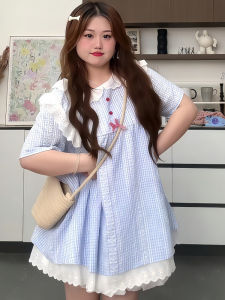 plus Size Womens Short Sleeve Plaid Dress Doll Collar Top Short Skirt Two Piece Set Summer Fashion Casual Wear Chinese Brand