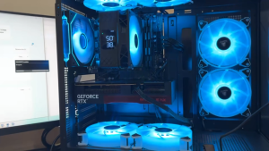 AMD Ryzen 5 5600 gaming console featuring 16GB DDR4 RAM a 512GB SSD an RTX 3050 Notebook DUO 8GB-V graphics card six RGB fans a 650W power supply and a 260Hz monitor. Complete gaming desktop setup. [Local shipping]