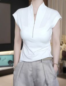 Half zip stand up collar with flying sleeves white T-shirt for women 2026 summer Korean slim fit and slimming base shirt top