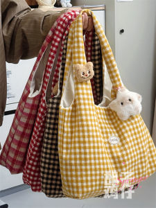 Dung Tích Lớn Vải Tweed Túi Đeo Vai Đơn Dành Cho Nữ Sinh Viên Lớp Retro Kẻ Caro Túi Xách Len Túi Tote Túi Mua Sắm Thoải Mái