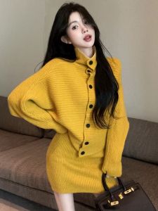 GUZILIAN | Versatile High Collar Design Knit Set Off Shoulder Two-way Wearing Slim Fit