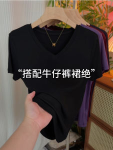 Summer New V-Neck Short Sleeve T-Shirt Womens Slim Fit Solid Color Simple Versatile Top Commute Style Moisture Wicking