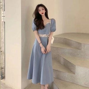 French Vintage Bubble Sleeve Dress Womens Summer 2024 New Design Sensation Small Audience Waist Inward Slim Short Sleeve